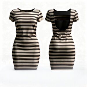 Striped Black & Tan Bodycon Mini Cocktail Dress with low open back and straps